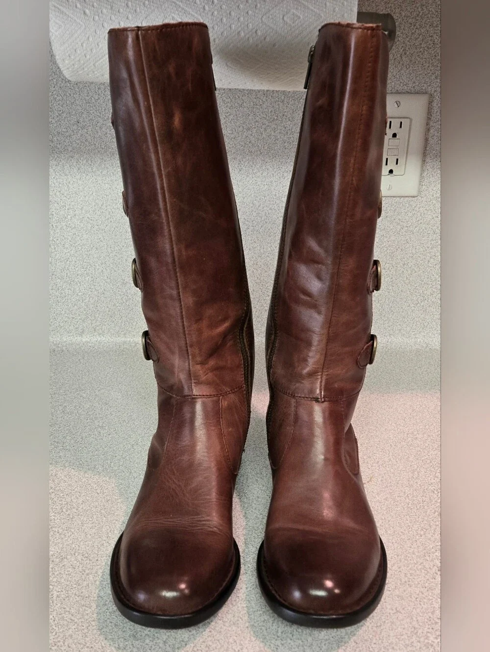 Women's Born Brown Tall Leather Buckle Riding Boots D76016, Size 8.5M